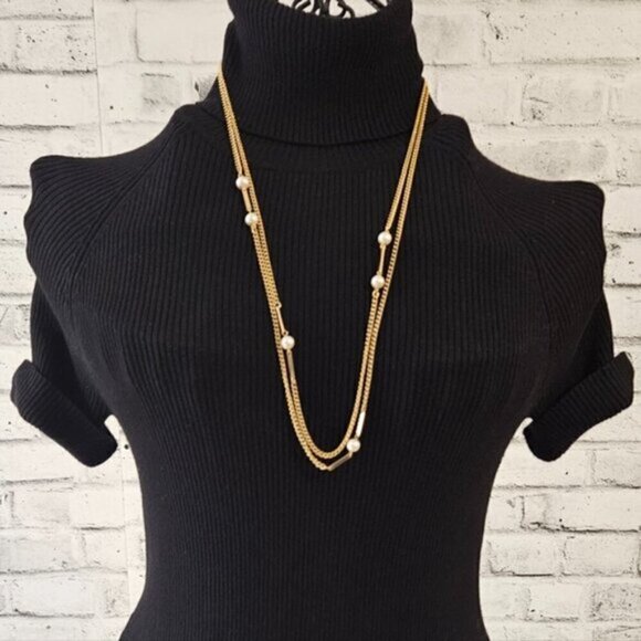 Vintage Gold Tone Faux Pearl Long Layering Necklace – Single or Double Strand - Picture 2 of 6